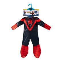 Toddler superhero costume packaged, red web-print jumpsuit with hooded face mask