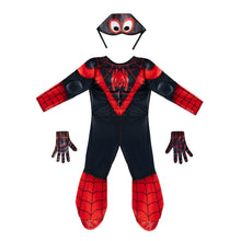 Toddler superhero costume set with hooded mask, gloves, and red web-print bodysuit