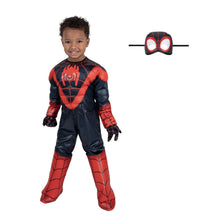 Toddler superhero costume with hooded face mask and red web-print pants
