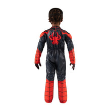 Back view of toddler superhero costume: black suit with red web-print legs