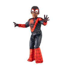 Toddler superhero costume with red web-print leggings, black bodysuit, and hooded mask