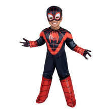 Toddler red and black superhero jumpsuit with web-print design and hooded face mask