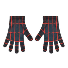 Pair of kids red web-pattern gloves with black texture and striped cuffs
