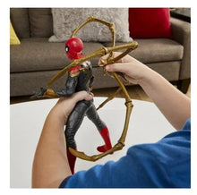 Spider-Man figure with gold web-blaster frame held up, red mask and black suit
