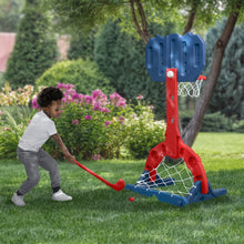Red sport goal with blue backboard, net, and basketball rim