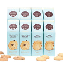 Mixed shortbread cookie assortment in light blue cartons, assorted flavors shown