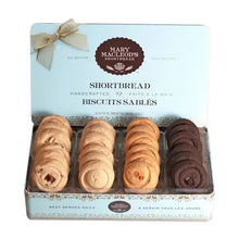 Mary Macleod’s shortbread cookie tin with four assorted cookies, front view