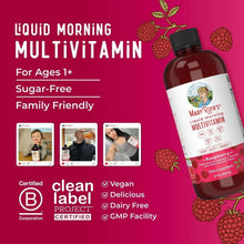 Raspberry liquid multivitamin bottle with clean label project and vegan icons