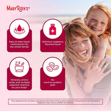 Raspberry liquid multivitamin with icons for easy-to-take liquid and no pills