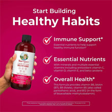 Raspberry liquid multivitamin bottle held near healthy habits benefit icons