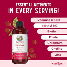 Raspberry liquid multivitamin bottle with list of essential vitamins and minerals