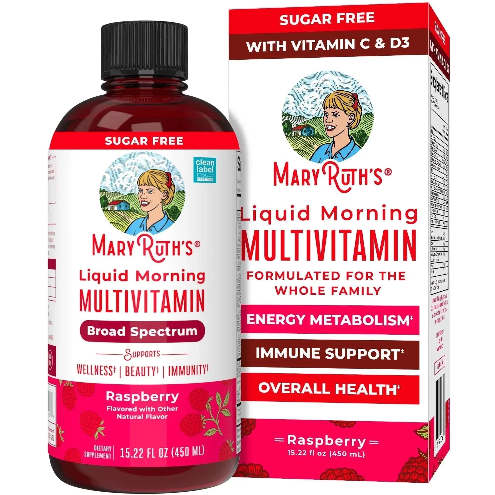 MaryRuth's Morning Multivitamin Liquid, Raspberry, Unisex, 32 Fl Oz, Vegan, Non-GMO, Vitamins C and D