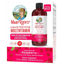 Raspberry liquid multivitamin bottle with label and boxed packaging
