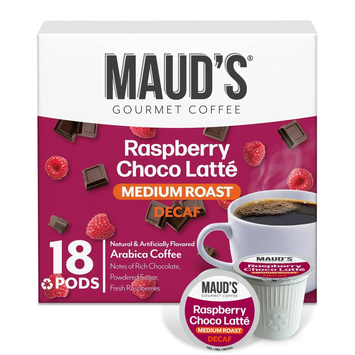 Maud's Decaf Raspberry Chocolate Flavored Coffee Pods, 18 ct, Decaffeinated Medium Roast Flavored Coffee in Recyclable Single Serve Pods – 100% Arabica Beans, Compatible with Keurig K Cups Maker