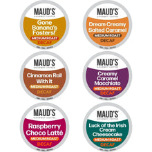 Maud's decaf coffee pod variety pack, six flavored roast labels