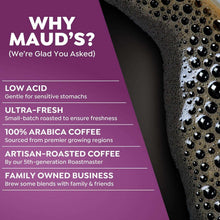 Coffee pods info panel with icons and details for low acid and 100% arabica