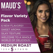 Medium roast coffee flavor variety pack box with woman holding a coffee mug