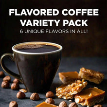 Dark coffee cup with assorted toppings and coffee beans, flavored variety pack selection