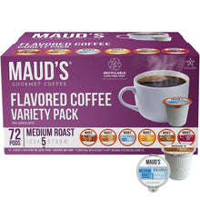 Flavored coffee variety pack box with cup, pod images, and 72 medium roast pods
