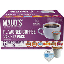 Flavored coffee variety pack box with cup and assorted pod lids, medium roast 72 count