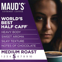 Half Caff medium roast coffee pod label with notes and rating lines