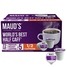 Purple coffee pod box with cup artwork and 72-count container for Half Caff
