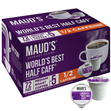 Purple Maud’s Half Caff coffee pod box with pod container and cup artwork