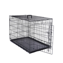 Black metal wire dog crate with single door, front latch, and raised floor tray