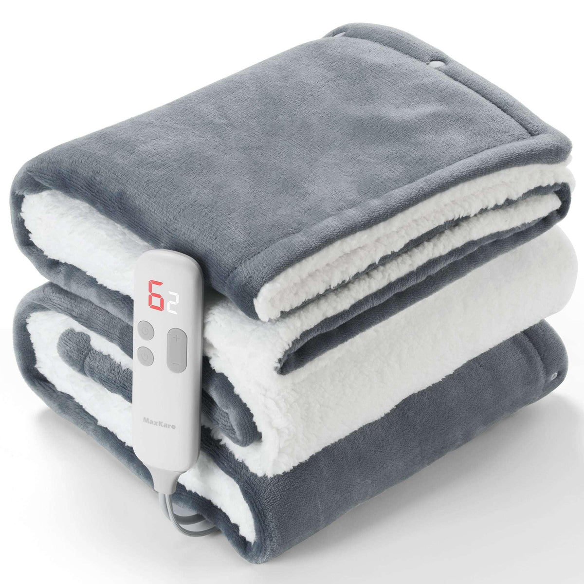 MaxKare 50" x 60" Electric Throw Blanket with 6 Heating Levels & 1-5H Auto-off, Machine Washable Flannel & Sherpa, Gray & White - USA MEGA SHOP
