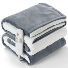 Folded gray electric throw blanket with white sherpa lining, with controller display showing heat.