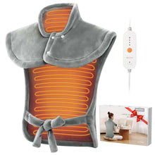 Gray heating pad with wired controller, curved wrap with glowing heat lines