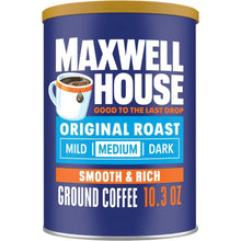 Maxwell House original roast ground coffee canister, mild or medium, blue with gold lid.