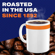 Roasted in the USA graphic with coffee mug and roasted beans