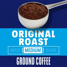 Original roast ground coffee label with bowl of dark coffee grounds