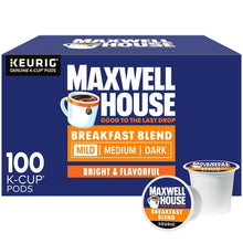 Maxwell House Breakfast Blend K-Cup coffee pod box, 100-count, Keurig compatible.