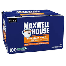 Maxwell House Breakfast Blend K-Cup coffee pod box, 100 count, recyclable pods.