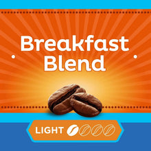 Breakfast Blend coffee pods graphic with light roast indicator and whole coffee beans.