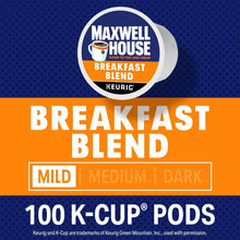 Maxwell House Breakfast Blend K-Cup pods label, 100 count, mild to dark.