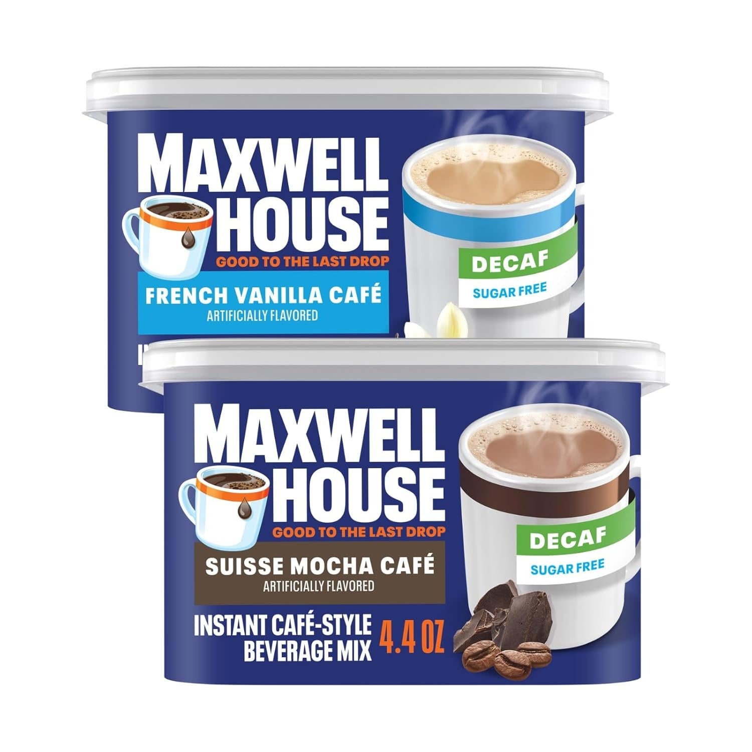 Maxwell House Decaf Instant Coffee Beverage Mix, Sugar Free Coffee Drink Mix, Café Style Instant Coffee, French Vanilla Café and Suisse Mocha Café, 4.3 to 4.4 Ounce (Variety Pack)