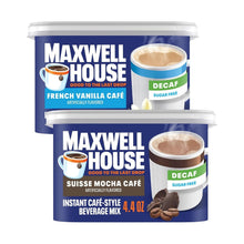 Two Maxwell House decaf instant coffee beverage mix tubs: French vanilla and Suisse mocha