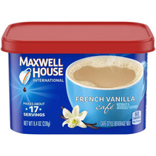 Maxwell House French vanilla café beverage mix tub with red lid and blue label