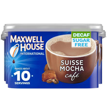 Maxwell House Suisse Mocha decaf sugar-free instant coffee mix canister with servings label