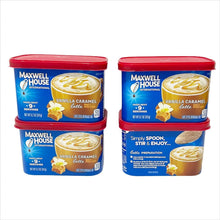 Vanilla caramel latte instant coffee canisters, red lids, blue packs, 4 count.