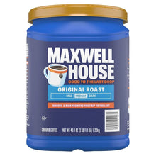 Ground coffee jar in blue with gold lid and Original Roast label