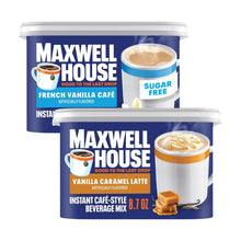 Maxwell House instant café-style beverage mix tubs for French Vanilla and Vanilla Caramel Latte