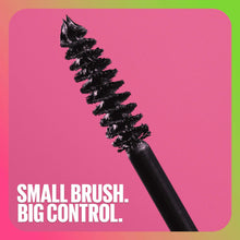 Black mascara wand with densely coated, curved bristles for lash volume.