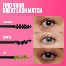 Mascara brush size comparison on eyes: classic, curved, and big lash looks.