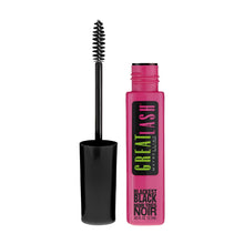 Mascara wand with black bristles beside a pink tube labeled Blackest Black Noir Brown
