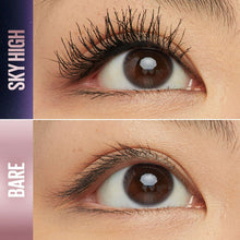 Mascara on eyes with dark lashes, close-up of two brown eyes