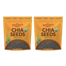 Two Mayorga organic chia seeds pouches showing dark chia seeds in a round scoop graphic